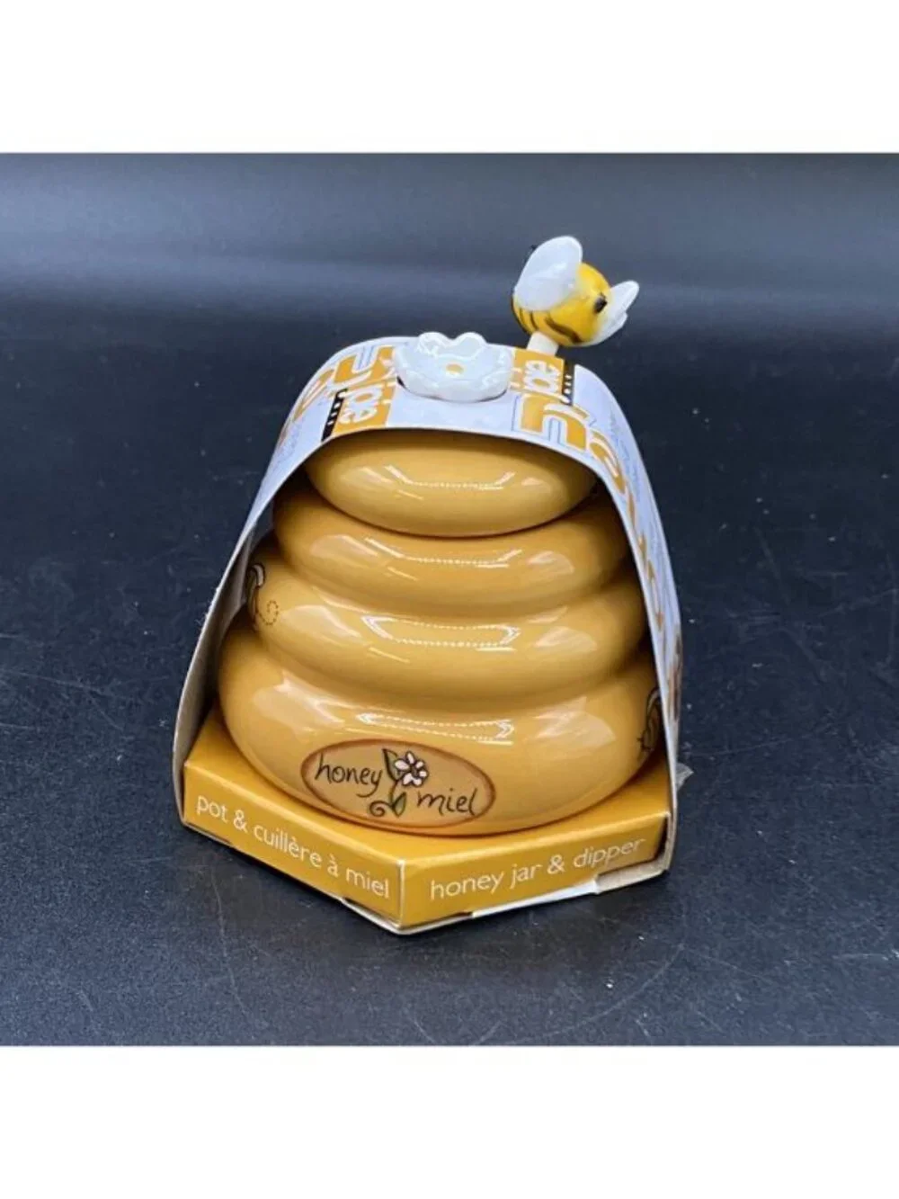 Mini Honey Pot Ceramic Jar & Wood Dipper Joie MSC Beehive with Bee 2002 BPA free